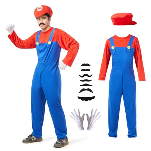 Halloween Costume Men Adult,Plumber Jumpsuit Cosplay Costume with Hat Gloves Moustache Accessories Set