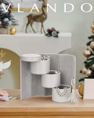 Vlando Gifts 2026 for Women, Girl - Travel Jewelry Oragnizer, 3-Layer Jewelry Storage Box, Travel Essential Accessories for Women, Birthday Gifts for Couples Mom Friends - Grey