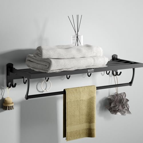 Image of Gloxy Premium Towel Holder in Bathroom with Towel Rod & Hooks - 24 Inch Black Matte Finish Stainless Steel Bathroom Towel Hanger for Wall Mount - Bathroom Towel Stand for Bathroom Accessories Set