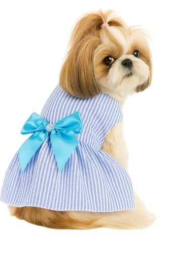 Image of KUTKUT cotton Small Dog Stripe Dress for Girl Puppy Clothes Female Princess Tutu Skirt Summer Shirt for Shihtzu, Maltese Cat Pet Apparel Outfits (Size: L, Chest: 45cm, Length: 35cm, Blue, 1 count)