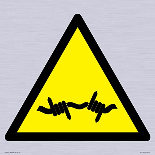 W033 Warning: Barbed wire Sign - 300x300mm - S30, Yellow/White, 300 x 300 mm