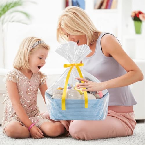 Image of OIAHOMY Woven Basket, Gift Basket Empty with Gift Bags and Ribbons, Rope Baskets for Baby Showers, Storage Baskets with Handles for Nursery, Pet Toy Organizer - Blue