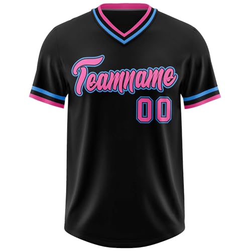 Generic Custom Baseball Jersey V-Neck Uniform Personalized Stitched Name Number for Men Women Youth Pullover Baseball Shirt, Black/Pink-light Blue