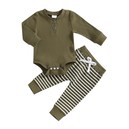 Image of Newborn Baby Boy Girl Clothes Ribbed Knitted Long Sleeve Romper Pants Solid Cotton Infant Fall Winter Outfits 2Pcs