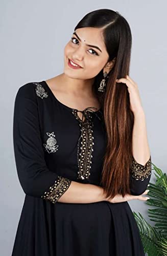 Image of Women's Rayon Golden Flroal Printed Anarkali Kurti