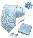 JEMYGINS Paisley Stickerei Design Krawatte Set Herren Einstecktuch Krawattenklammer Manschettenknöpfe Ansteckblume für Hochzeit Party Business Mehrfarbig Himmelblau