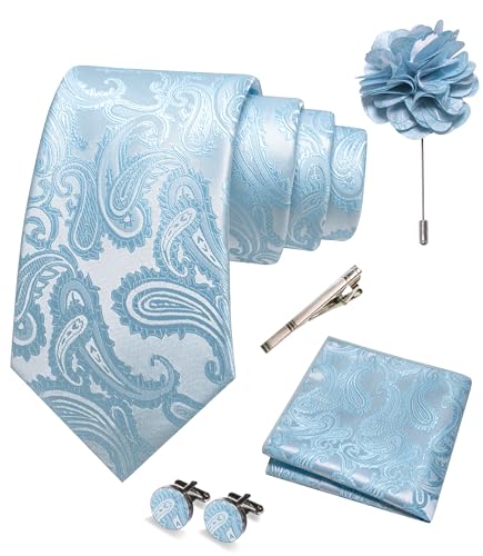 JEMYGINS Ensemble de cravates brodées Paisley pour homme, mouchoir de poche, pince à cravate, boutons de manchette, pour mariage, fête, affaires,...