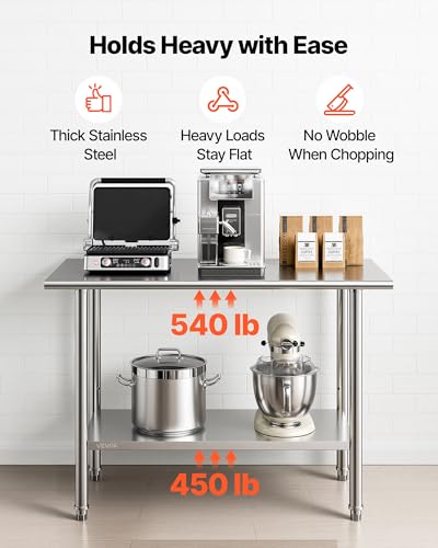 Image of VEVOR Stainless Steel Work Table, 24x48 Inch Food Prep Table, Commercial Kitchen Workstation with Adjustable Undershelf, Metal Heavy Duty Utility Worktable, for Restaurant Home Hotel Garage Outdoor