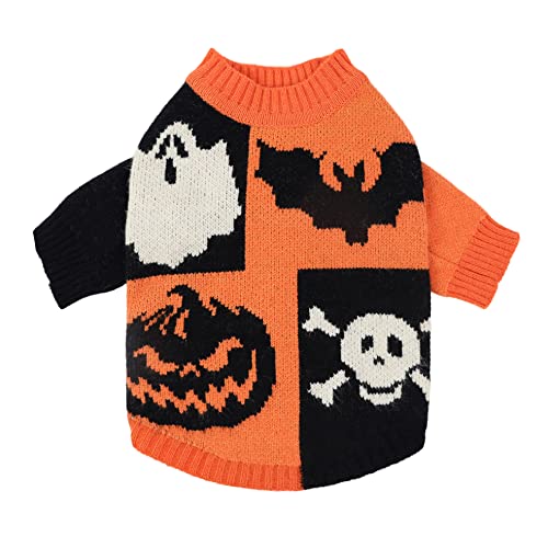 Fitwarm Spooky Dog Halloween Sweater for Small Dogs, Holiday Theme Costumes, Knitted Pet Clothes, Cat Apparel, Orange, Black, White, Large