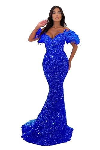 Image of Sequin Feathers Mermaid Prom Dresses 2026 Off Shoulder Sparkly Long Formal Evening Party Gowns with Train