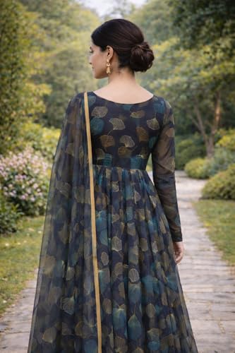 Image of Anveri Textiles Women's Printed Anarkali Gown with Dupatta | Full Sleeve Ethnic Long Dress for Wedding, Party & Festive