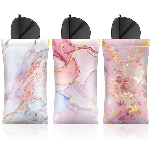 Image of 3 Pack Eyeglasses Pouch, Portable Squeeze Top Leather Sunglasses Pouch Spring Storage Glasses Case, Pink Gold Marble
