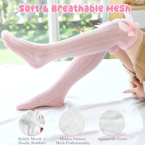 Image of TecoKart 3 Pairs Stockings for Girls, Cotton Knee Length Socks for Baby Girl, Adorable Double Bow Long Socks for Kids Girl- Perfect for Dresses, Uniforms and Casual Wear