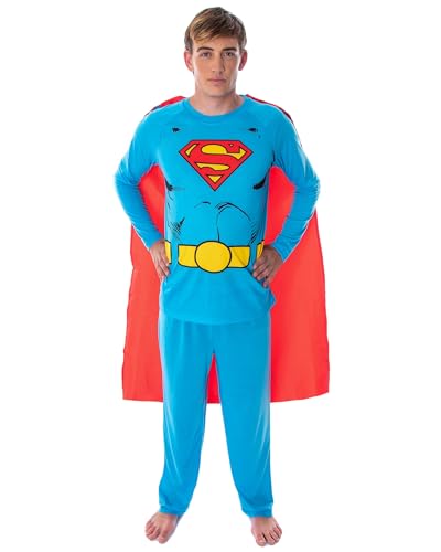 DC Comics Men's Superman Classic Superhero Costume Raglan Shirt and Pants Pajama Set with Detachable Cape (XL)