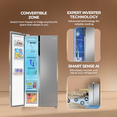 Image of Haier 602L 3Star 2 Door Premium Glass Door Side by Side Frost Free Refrigerator|Convertible|Smart Sense AI|Expert Inverter|Digital Display Panel|Deo Fresh Technology (HRS-682PMGU1, Mirror Glass)