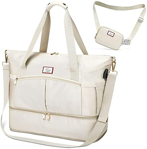 Travel Bags for Women, Sports Gym Duffle Bag with Foldable Shoe Compartment, Large Weekender Overnight Bag with Wet Pocket and USB Charging Port for Women Girls Traveling, Gym Tote, Yoga (Beige)