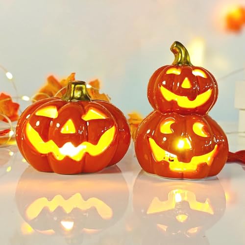 2 Unidades de Decoración Otoñal de Calabaza - Cerámica 100%, Calabaza Decorativa de Halloween Con Cara, Farol Con Luces LED Blancas para Decoración Interior