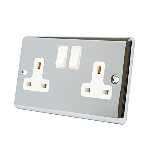AET CPC2GSOCWH Polished Chrome Classical 2 Gang White Insert Plastic Rocker Switches-13 Amp Double Plug Socket Pack of 1