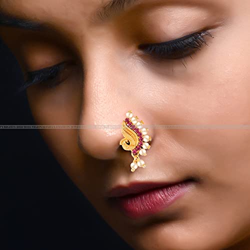 Vighnaharta Gold Plated with Peals Alloy and CZ stone Non Piercing Maharashtrian Nath for women [VFJ1080NTH-Press-Red ]