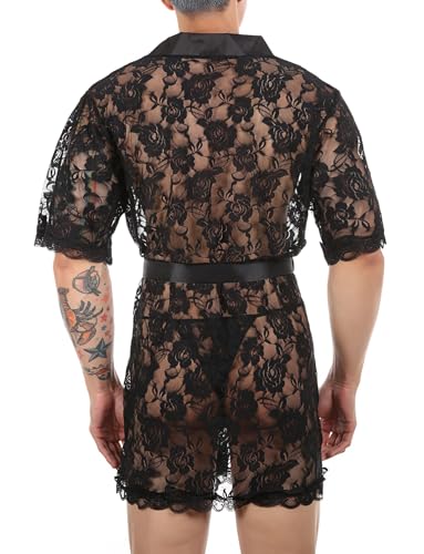 Men's Lace Floral Lingerie Cardigan Mesh See-Through Pajamas Belted Sissy Nightwear Babydoll Set3