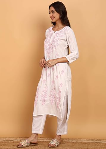 Image of Women Pink Ethnic motifs Embroidered Lucknowi Chikankari Long Kurti