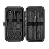 Conjunto clássico de manicure preto – Conjunto de cortador de unhas de aço inoxidável de 7 peças para mãos, pés e cuidados faciais – Ferramentas de qualidade premium com estojo de couro e interruptor