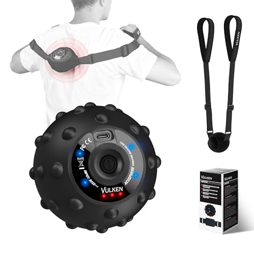 Vulken Vibrating Massage Ball for Muscle Recovery with SphereStrap – Target Hard-to-Reach Areas, Hands-Free Back Massage. 4 Speeds High Intensity Trigger Point Massage Ball.