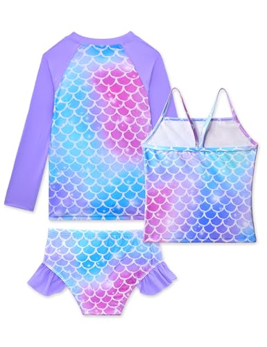 Image of Girls Rash Guard Swimsuit 3 Pieces Long Sleeve UPF50+ Quick Dry Bathing Suit for Toddler 3-12Y