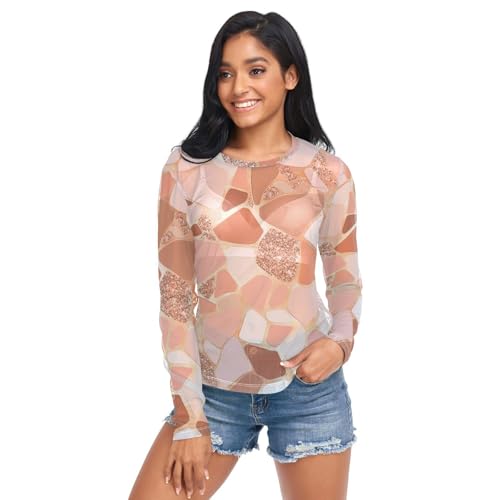 Women See Through Tops Shirts, Rose Gold Pink Glitter, Crew Neck