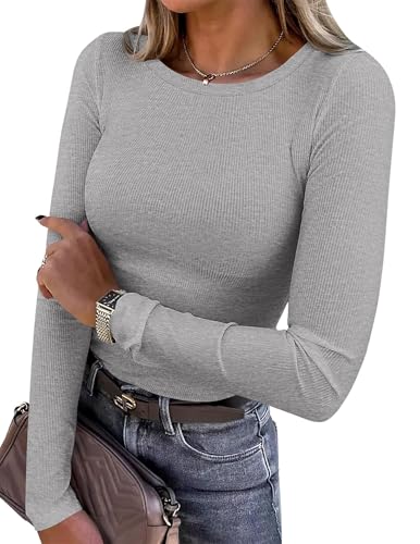 PRETTYGARDEN Women 2025 Fall Clothes Long Sleeve Shirts Ribbed Knit Fitted Basic Tee Going Out Tops Underscrub Casual Outfits (Grey,Medium)