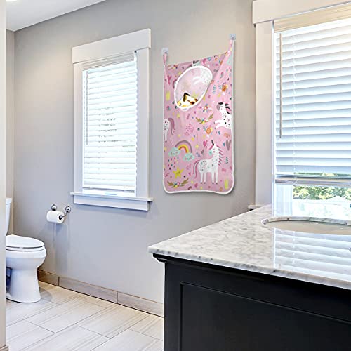 hengpai Joli panier à linge à suspendre pour enfants - En tissu - Avec crochets de porte et mur - Motif licornes blanches et fleurs roses – vue 7
