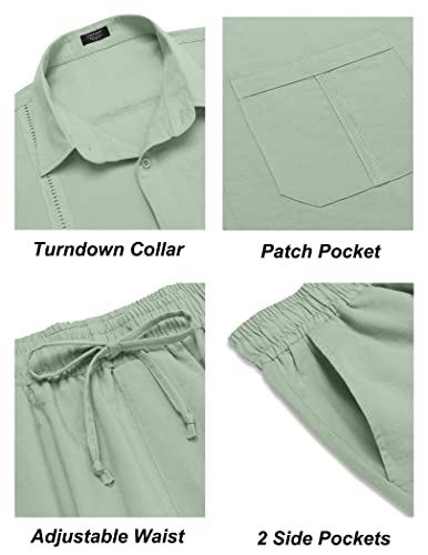 COOFANDY Herren-Leinen-Set, 2-teilig, langärmelig, Knopfleiste, kubanisches Hemd und Hose, Set für Sommer, Strand, Outfit, Hellgrün, Large