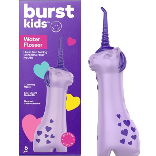 BURST Kids Water Flosser (Unicorn) | Cordless & Rechargeable Water Flosser for Teeth | 3 Gentle Pressure Modes | Silicone Safety Tip | Braces-Friendly | Fun Kid-Safe Design | 155mL Water Tank