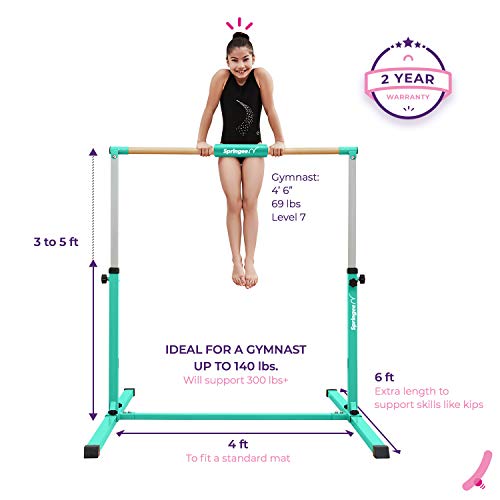 Springee Adjustable Height Team Gymnastics Bar - Gymnastics Equipment for Home - Kip Bar - Teal