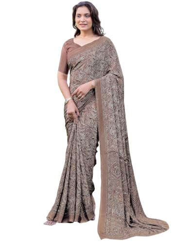 Image of SIRIL Women's Printed Silk Crepe Saree with Unstitched Blouse