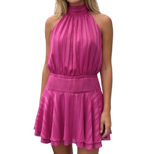 Image of Women's 2026 Summer Halter Dress Sleeveless Open Back Ruffle Tiered Layered Chiffon Pleated A Line Swing Mini Dress