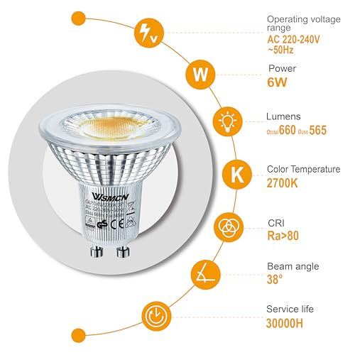 WSMCN GU10 LED Bulbs 6W, Warm White 2700K 565lm, 75W Halogen Bulb Equivalent, Energy Saving Light Bulbs, PAR16 Spotlight Bulb - Image 2