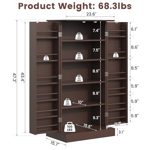 47" Tall Kitchen Pantry Cabinet, Brown Pantry Storage Cabinet with Adjustable Shelves, Barn Doors and Drawer Farmhouse Cupboard for Kitchen, Dining Room, Bathroom (16" D x 24" W x 47")
