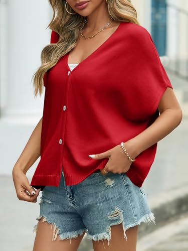 Image of Saodimallsu Womens Summer Oversized Cardigans Batwing Short Sleeve Lightweight Button V Neck Casual Knit Sweater Tops