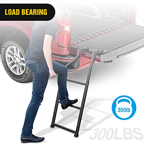 Image of Nilight Foldable Truck Tailgate Ladder for Pickup with Aluminum Step Grip Plates, Replaceable Rubber Feet & Stainless Steel Self Drilling Hex Screws for Easy Installation