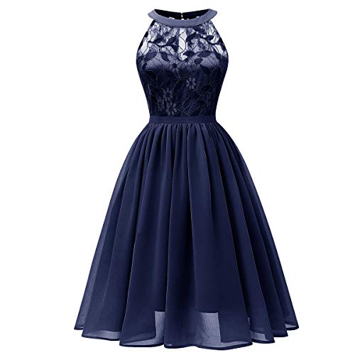 Damen Vintage Neckholder Floral Spitze Hi-Lo Rückenfrei Brautjungfernkleid A-Linie Kurz Prom Retro Cocktail formell Swing Kleid - Blau - Klein