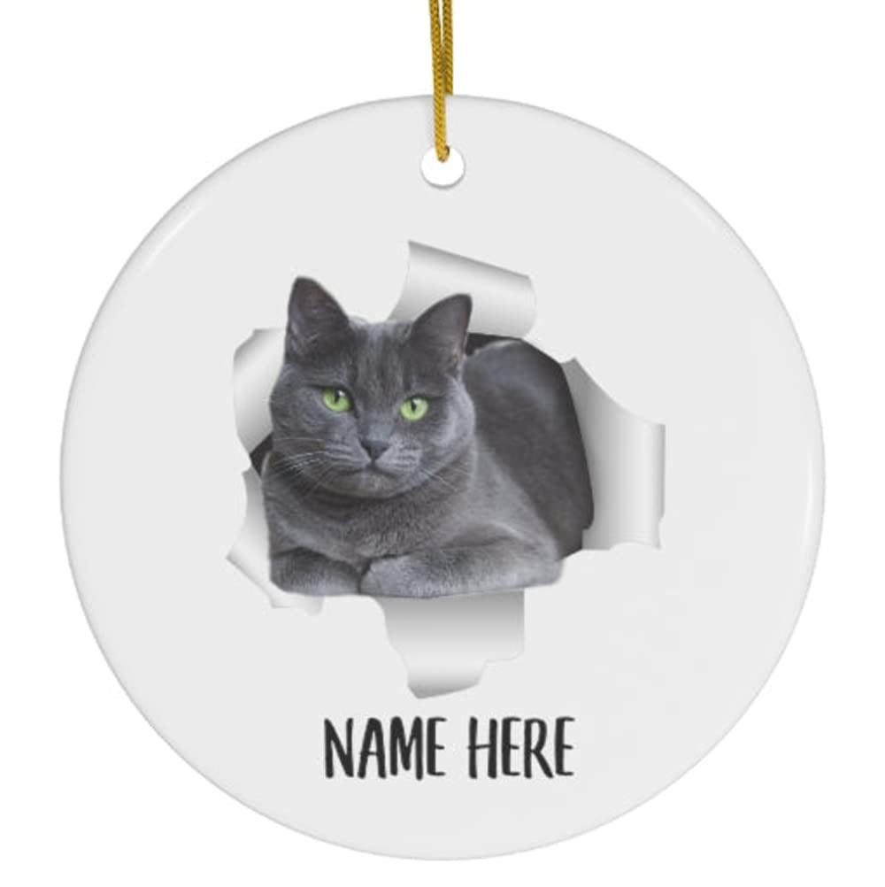 Christmas Tree Decoration Ceramic Remembrance Ornament With Ribbon Christmas Xmas Tree Bauble Cute Russian Blue Cat Blue Grey Personalized Name