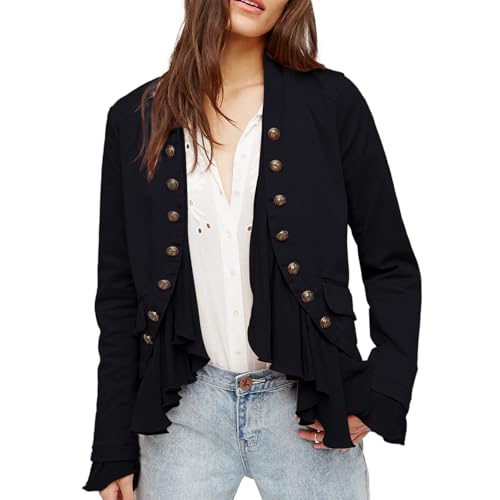 Women Casual Ruffles Jacket High Low Hem Steampunk Blazers Button up Romance Open Front Cotton Cardigan