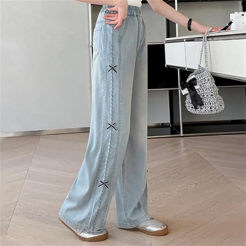 Bow Jeans for Girls Wide Leg Baggy Denim Pants Cute High Waisted Trousers Teen Kids Casual Y2K Streetwear with Pockets Jeans4