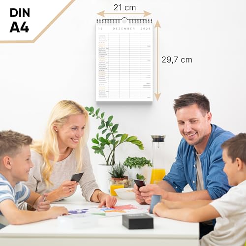 UNITURE® DIN A4 Familienplaner 2026 [mit 4 Spalten] Familienkalender Okt 2025 - Dez 2026, Kalender 2026, nachhaltig & schmierfrei