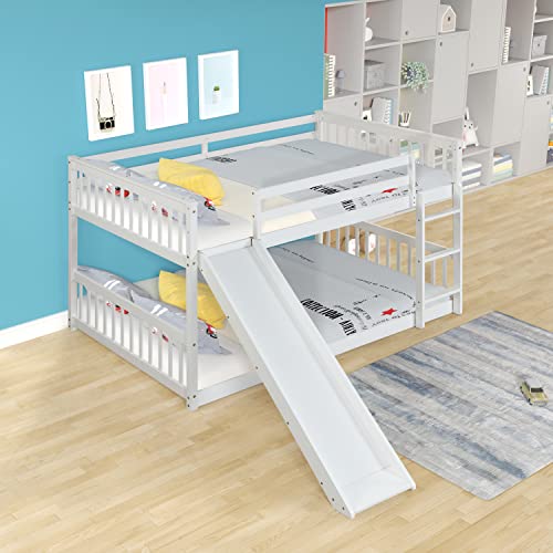 RuiSiSi Full Over Full Bunk Bed with Slide, Wooden Floor Bunk Bed for Kids, Modern Bunk Bed with Ladder, White