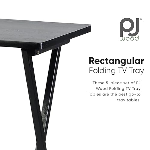 Image of PJ Wood Multifunctional Rectangular Folding and Collapsible Solid Wood TV Tray Snack Tables with Compact Storage Rack, Set of 5, Black