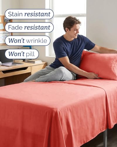 Image of Twin XL 4 Piece Sheet Set - College Dorm Room Essentials - Coral | Ultra Soft Dorm Bedding Set, 8 inch to 16 inch Inch Deep Pockets, 1 Flat & 1 Fitted Sheet & 2 Pillowcases, Wrinkle & Fade Free