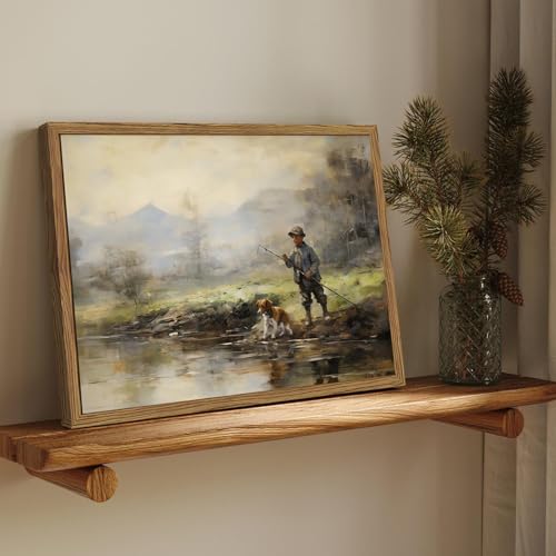 Image of Vintage Wall Art, Boy Fishing Wall Decor Paintings, Dog and Boy Landscape Canvas Prints Nature Country Farmhouse Artwork for Bedroom Living Room 16x12 inch Wood Framed