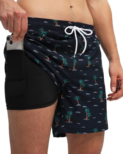 Image of Mens Swim Trunks Compression Liner No Mesh Swimming Trunks Men Swimwear Quick Dry Above Knee Zipper Pocket Swim Shorts